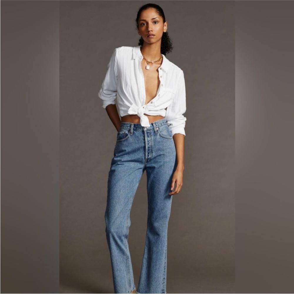 Agolde Relaxed Boot Cut Mid Rise Raw Hem Curio Blue Denim Jeans Size 29 NWT